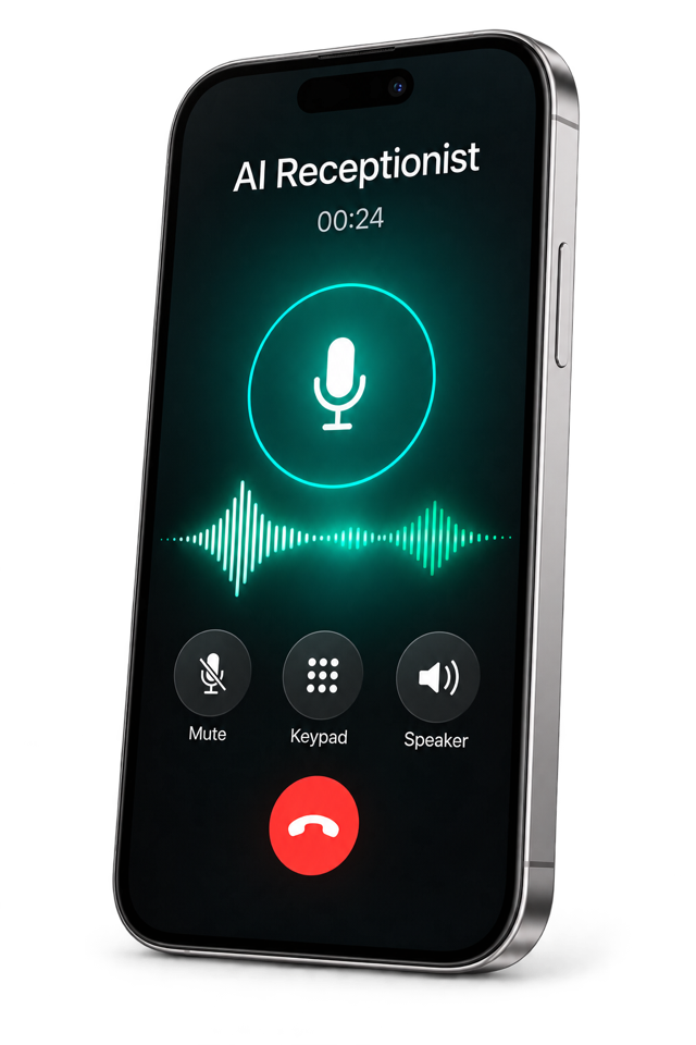 Angled smartphone showing an AI Receptionist call with a glowing voice waveform